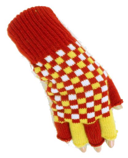 Vingerloze handschoenen rood wit geel geblokt