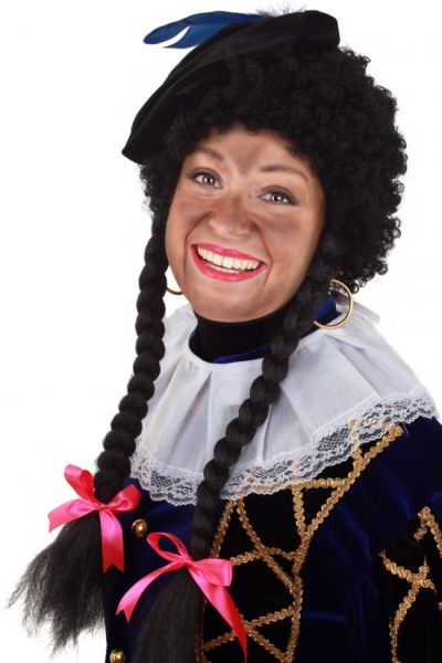 Pieten Pruik krul zwart met 2 vlechten