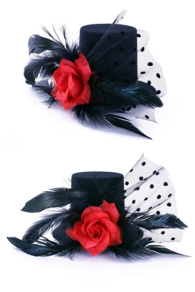 3 Mini hoedjes zwart met roos